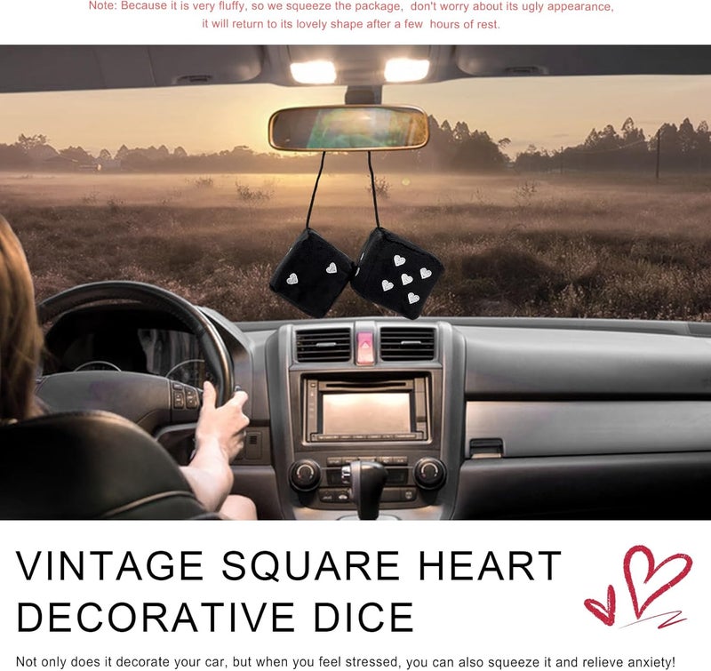 ZNDAW 2 PCS Fuzzy Plush Dice for Car Mirror, 2.75" Retro Square Heart Shape Car Rearview Mirror Cute Decor, Fluffy Dice Vehicle Hanging Ornament Decoration Interior for Women (Black) - Image 5
